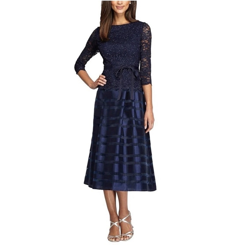 Alex Evenings Size 8P Navy Tea-Length Soutache Sequined Dress Tie Belt NEW